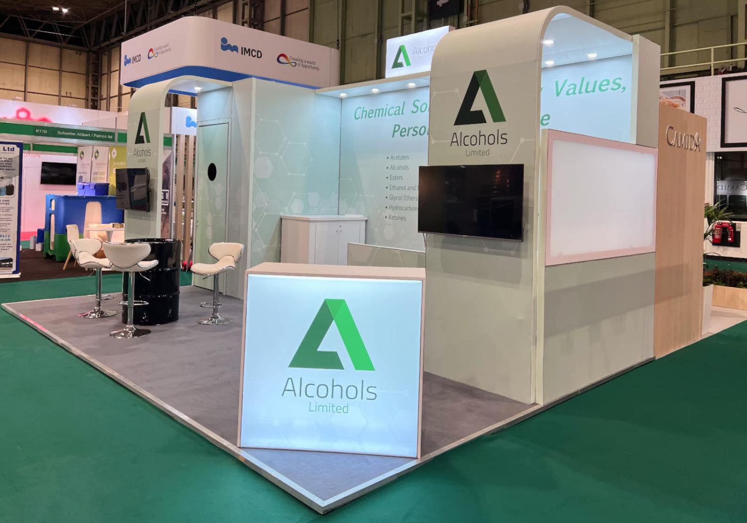 Alcohols exhibition stand, back wall with arched meeting area, lightbox counter