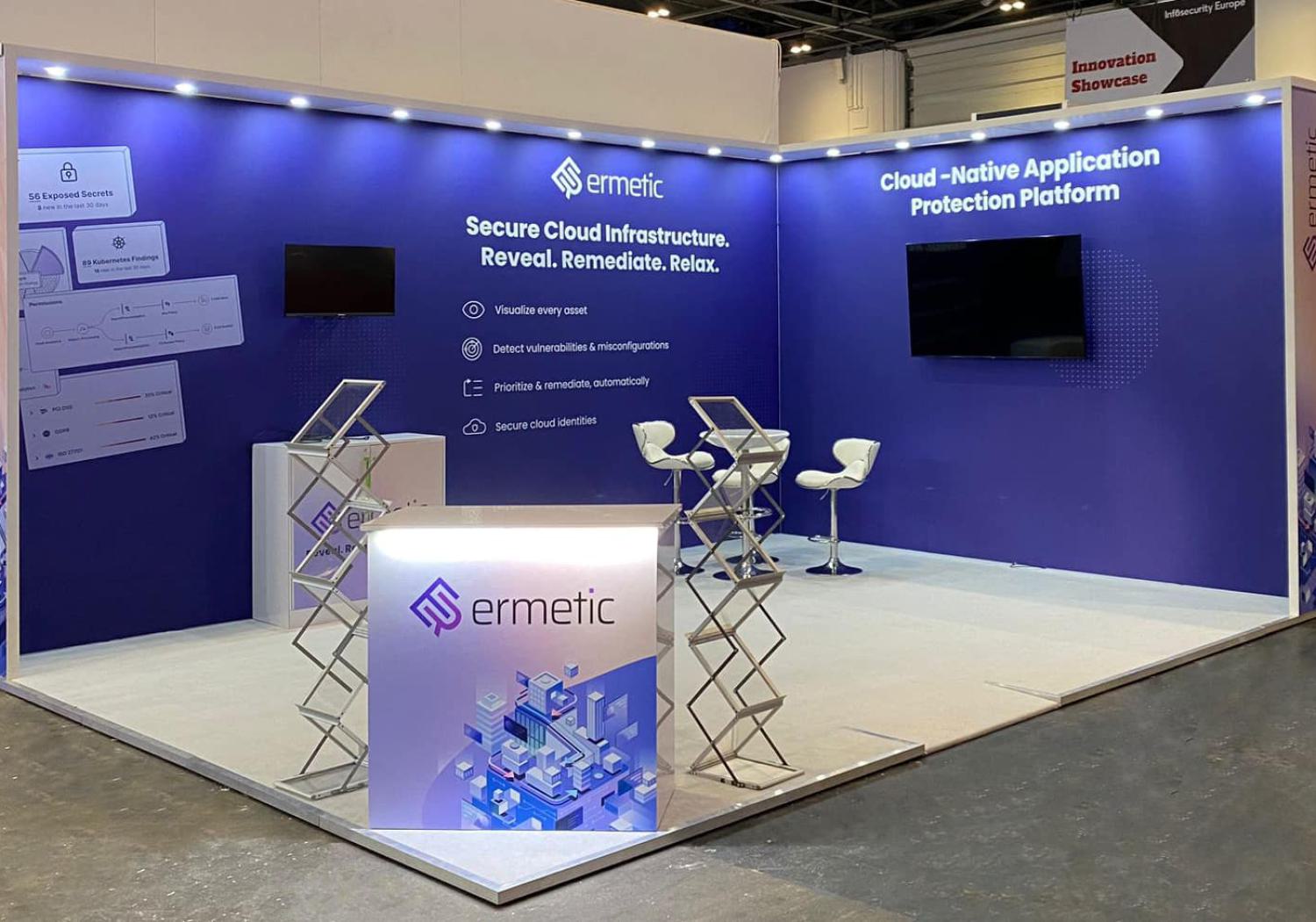 Ermetic stand, back and side walls, small side returns with roofs inc. downlighting; backlit counter