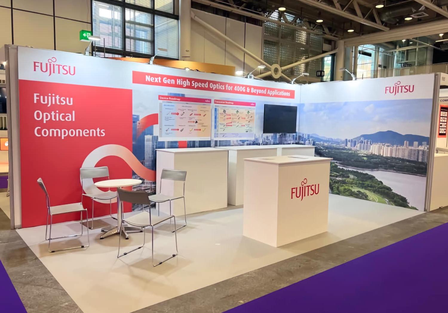 Stand for Fujitsu, with 2 walls, table & chairs and 4 counters